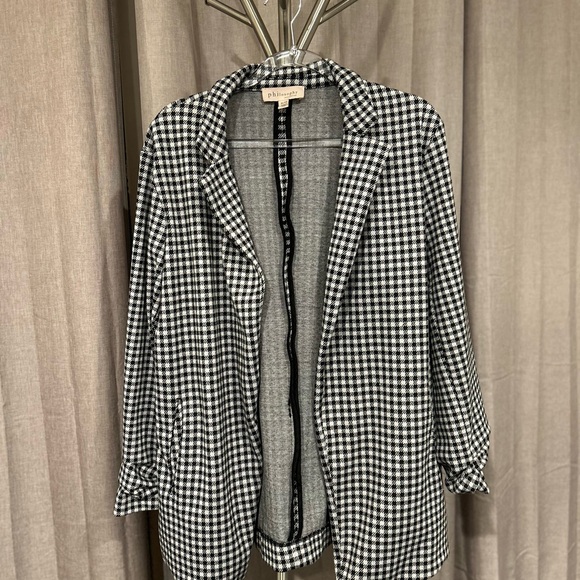 COPY - - -Philosophy Black White Gingham Blazer 3/4 Gathered Sleeve Women's Siz… - Picture 5 of 11